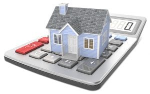 Blue house with gray roof and white door resting on a calculator, illustrating mortgage modifications and short sales